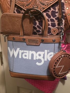 Wrangler Blue Canvas & Brown Leather Accent Tote